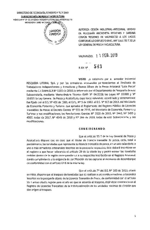 Res. Ex. N° 543-2019 Autoriza cesión pesquería Anchoveta y Sardina común, Regiones de Valparaíso a Los Lagos.