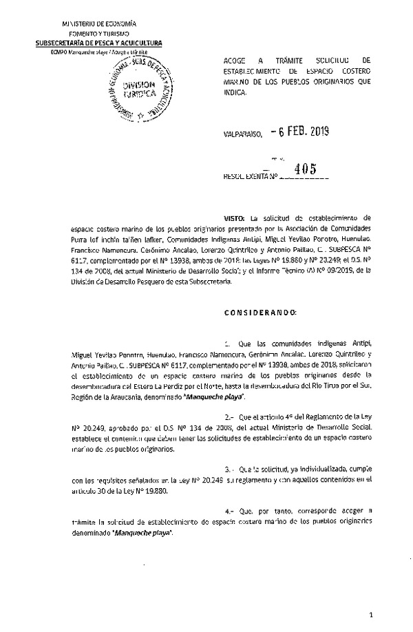 Res. Ex. N° 405-2019 Acoge a trámite solicitud de ECMPO Manqueche playa. Publicado en Página Web 12-02-2019)