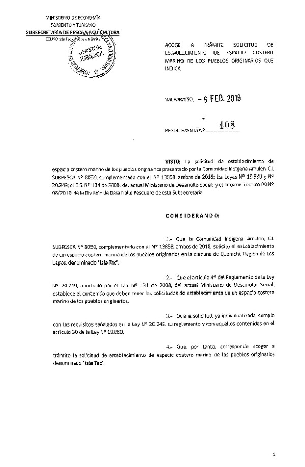 Res. Ex. N° 408-2019 Acoge a trámite solicitud de ECMPO Isla Tac. (Publicado en Página Web 12-02-2019)