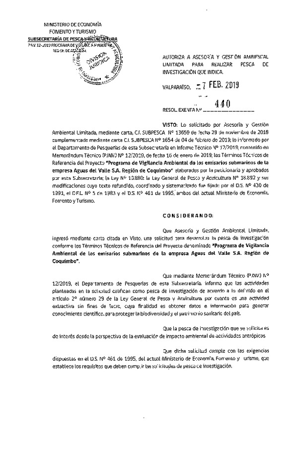 Res. Ex. N° 440-2019 Programa de vigilancia ambiental, Región de Coquimbo