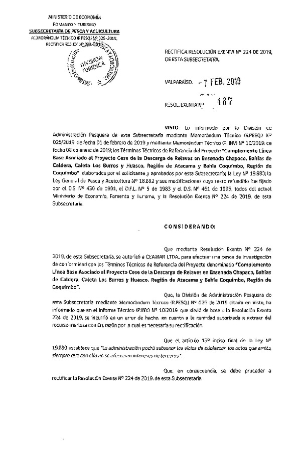 Res. Ex. N° 467-2019 Complemento línea base Caleta Los Burros y Huasco, Región de Atacama y Bahía Coquimbo.