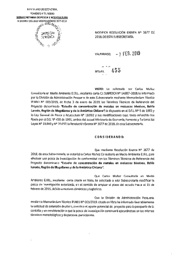 Res. Ex. N° 455-2019 Modifica Res. Ex. N° 3677-2018 Estudio de concentración de metales en moluscos bivalvos, Región de Magallanes.
