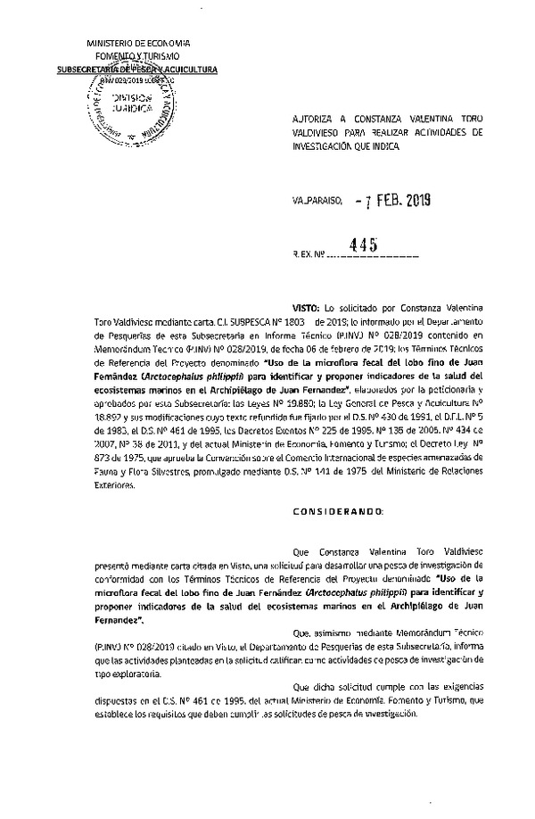 Res. Ex. N° 445-2019 uso de la microflora fecal del lobo marino fino, Archipiélago de Juan Fernández.