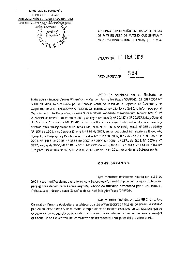 Res. Ex. N° 554-2019 Autoriza explotación exclusiva de playa de mar. modifica resoluciones que indica.
