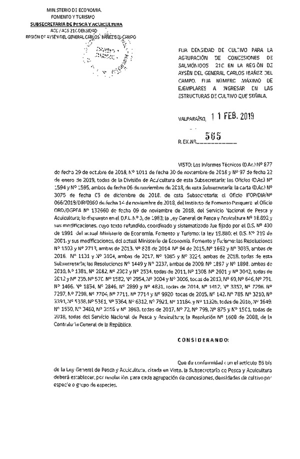 Res. Ex. N° 565-2019 Fija Densidad de Cultivo para la Agrupación de Concesiones de Salmónidos 21C Región de Aysén, (Con Informe Técnico) (Publicado en Página Web 13-02-2019) (F.D.O. 22-02-2019)