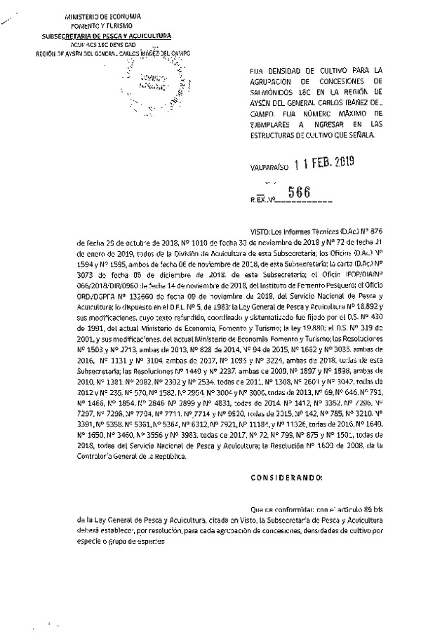 Res. Ex. N° 566-2019 Fija Densidad de Cultivo para la Agrupación de Concesiones de Salmónidos 18C Región de Aysén, (Con Informe Técnico) (Publicado en Página Web 13-02-2019) (F.D.O. 22-02-2019)