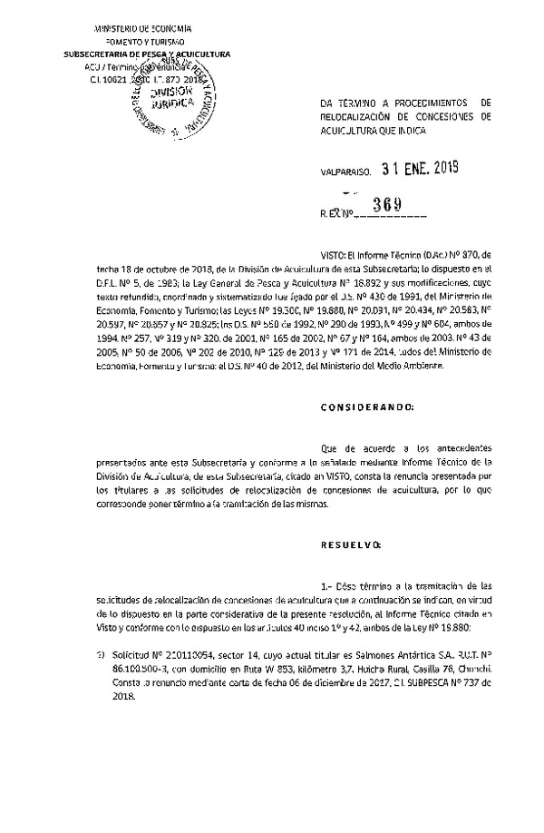 Res Ex. N° 369-2019 Da término a procedimientos de relocalización de concesiones de Acuicultura que indica.