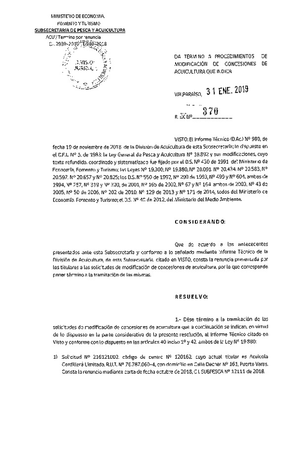 Res Ex. N° 370-2019 Da término a procedimientos de modificación de concesiones de Acuicultura que indica.