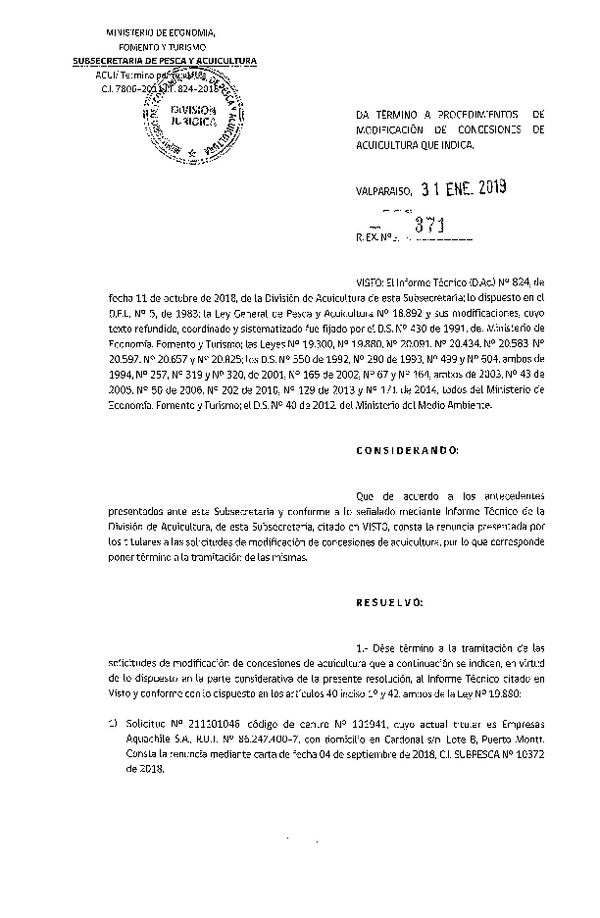 Res Ex. N° 371-2019 Da término a procedimientos de modificación de concesiones de Acuicultura que indica.