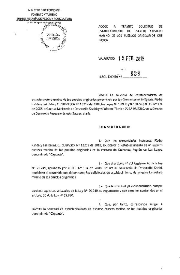 Res. Ex. N° 628-2019 Acoge a trámite solicitud de ECMPO Caguach. (Publicado en Página Web 18-02-2019)