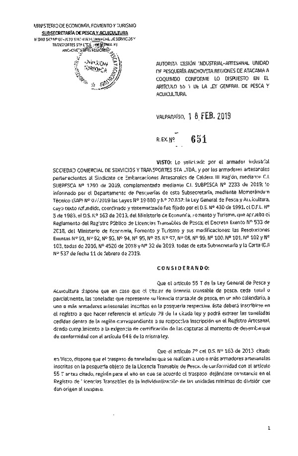 Res. Ex. N° 651-2019 Autoriza Cesión Anchoveta Regiones de Atacama a Coquimbo.