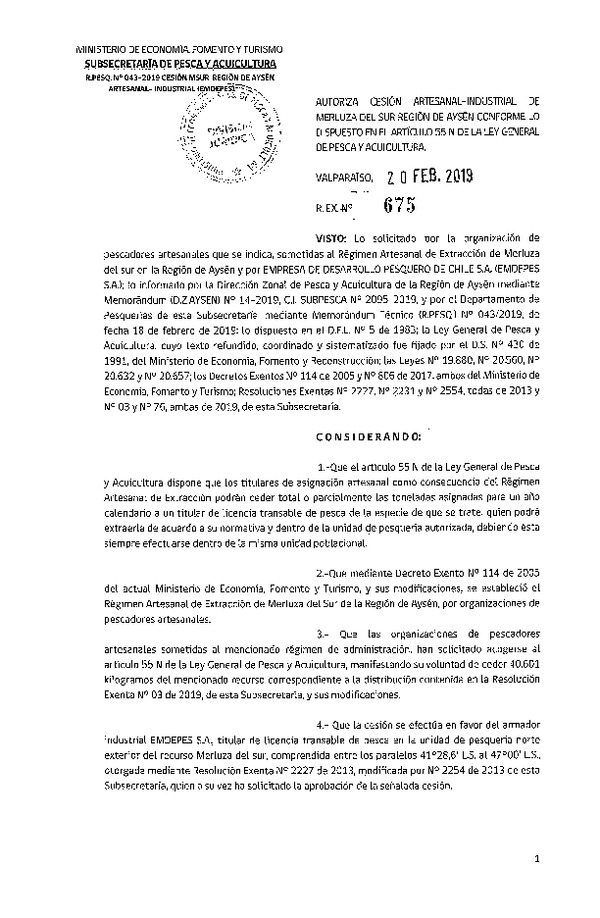 Res. Ex. N° 675-2019 Cesión Merluza del sur Región de Aysén.