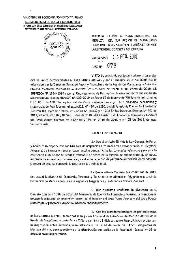 Res. Ex. N° 678-2019 Cesión Merluza del sur Región de Magallanes.