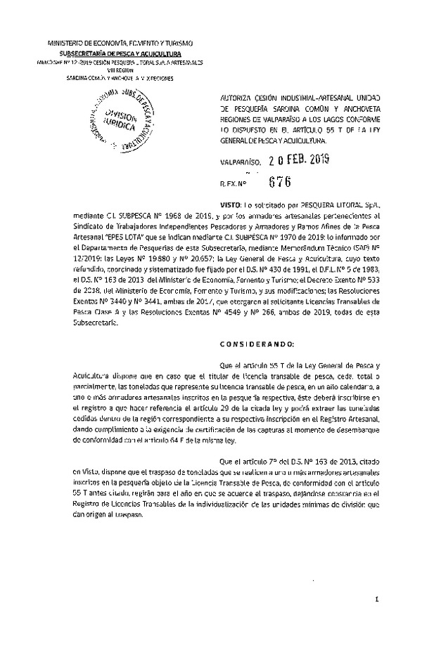 Res. Ex. N° 676-2019 Autoriza cesión pesquería Anchoveta y Sardina común, Regiones de Valparaíso a Los Lagos.