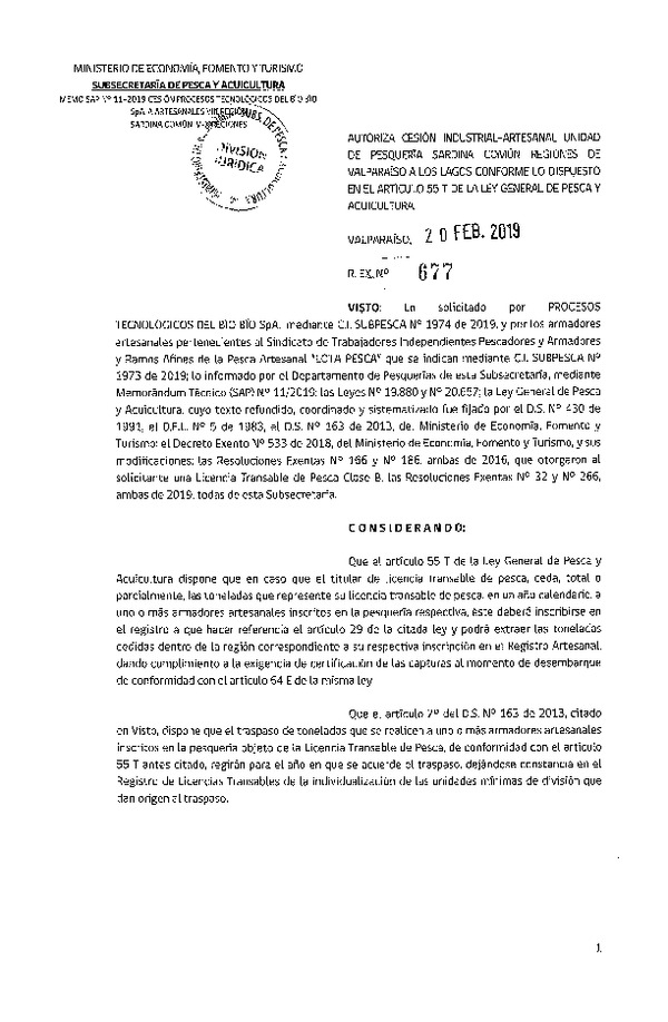 Res. Ex. N° 677-2019 Autoriza cesión pesquería Anchoveta y Sardina común, Regiones de Valparaíso a Los Lagos.