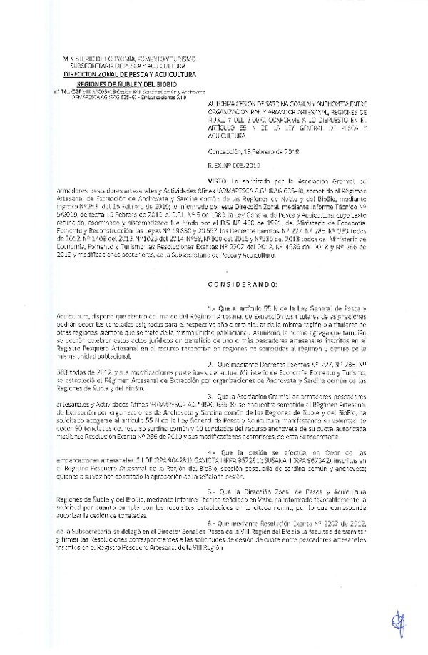 Res. Ex. N° 05-2019 (DZP VIII) Autoriza Cesión Anchoveta y Sardina común, Regiones de Ñuble y del Biobío.