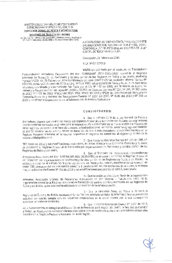 Res. Ex. N° 10-2019 (DZP VIII) Autoriza Cesión Anchoveta y Sardina común, Regiones de Ñuble y del Biobío.