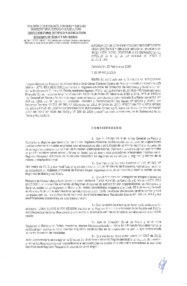 Res. Ex. N° 11-2019 (DZP VIII) Autoriza Cesión Anchoveta y Sardina común, Regiones de Ñuble y del Biobío.
