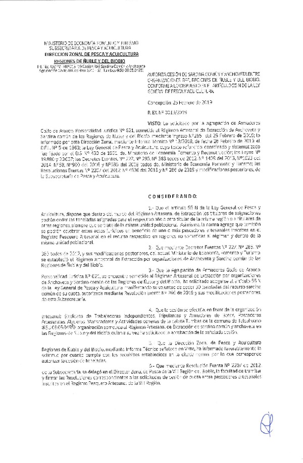 Res. Ex. N° 13-2019 (DZP VIII) Autoriza Cesión Anchoveta y Sardina común, Regiones de Ñuble y del Biobío.