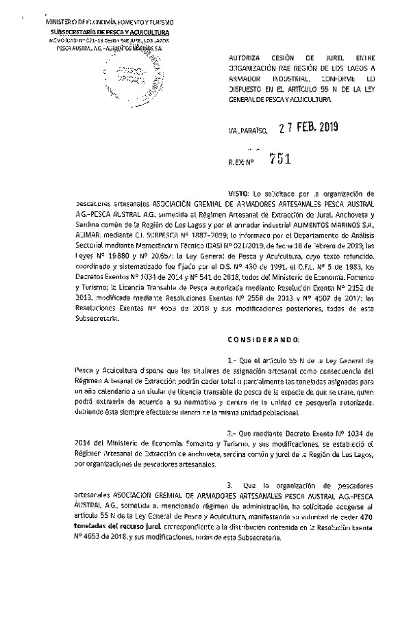 Res. Ex. N° 751-2019 Autoriza cesión de jurel, Región de Los Lagos.