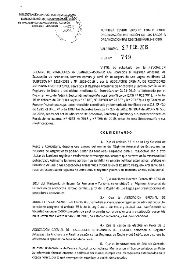 Res. Ex. N° 749-2019 Autoriza cesión Sardina común Región de Los Lagos a Regiones Ñuble - Biobío.