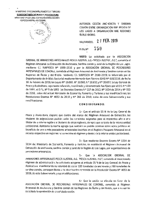 Res. Ex. N° 750-2019 Autoriza cesión Anchoveta y Sardina común Región de Los Lagos a Regiones Ñuble - Biobío.