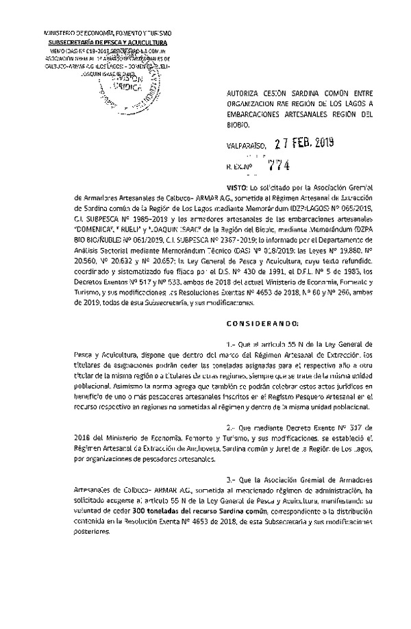 Res. Ex. N° 774-2019 Autoriza cesión Sardina común Región de Los Lagos a Región del Biobío