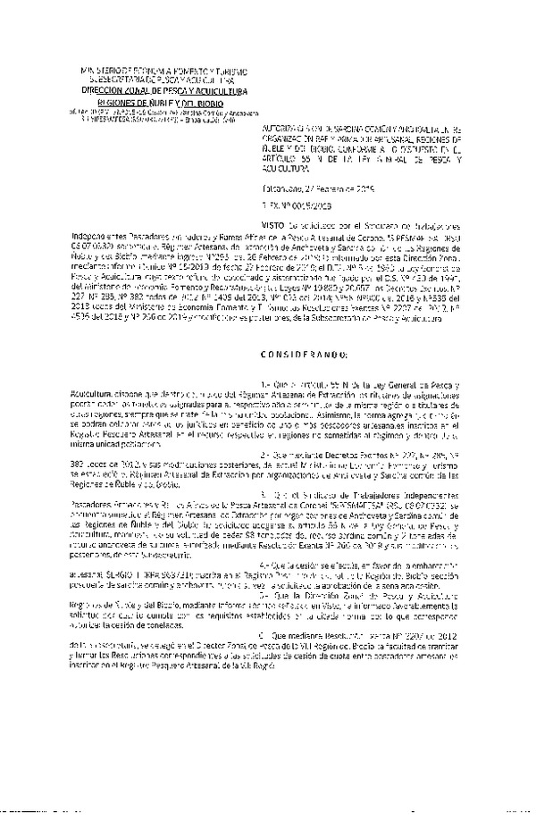 Res. Ex. N° 15-2019 (DZP VIII) Autoriza Cesión Anchoveta y Sardina común, Regiones de Ñuble y del Biobío.