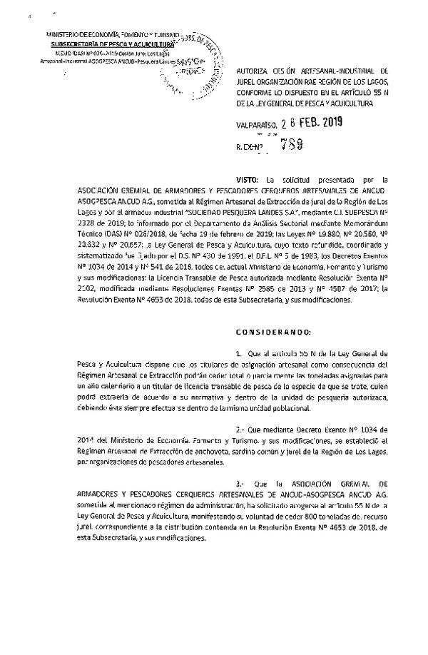 Res. Ex. N° 789-2019 Autoriza cesión de jurel, Región de Los Lagos.