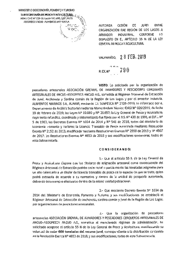 Res. Ex. N° 790-2019 Autoriza cesión Jurel, Región de Los Lagos.