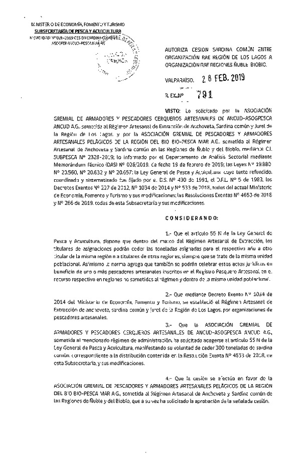 Res. Ex. N° 791-2019 Autoriza cesión Sardina común Región de Los Lagos a Región del Biobío.