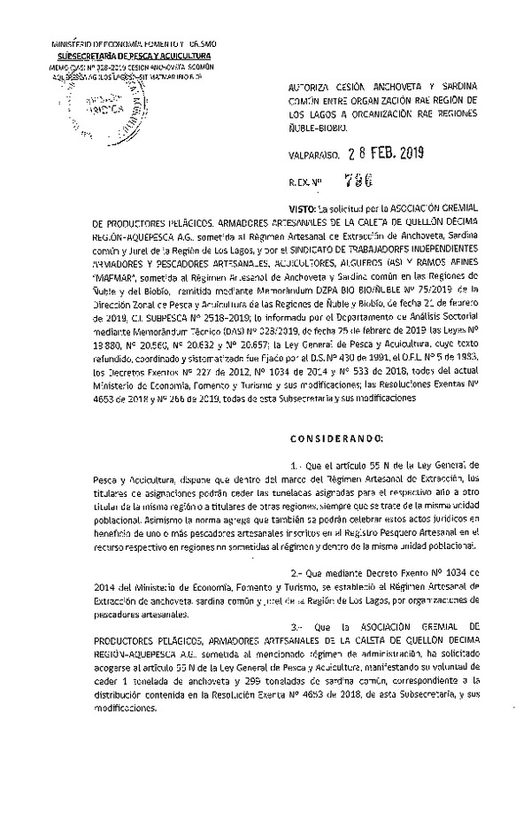 Res. Ex. N° 796-2019 Autoriza cesión Sardina común Región de Los Lagos a Región del Biobío.