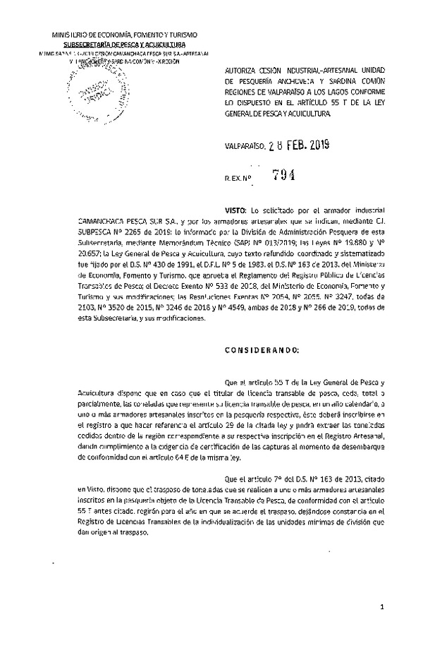 Res. Ex. N° 794-2019 Autoriza cesión pesquería Anchoveta y Sardina común, Regiones de Valparaíso a Los Lagos.