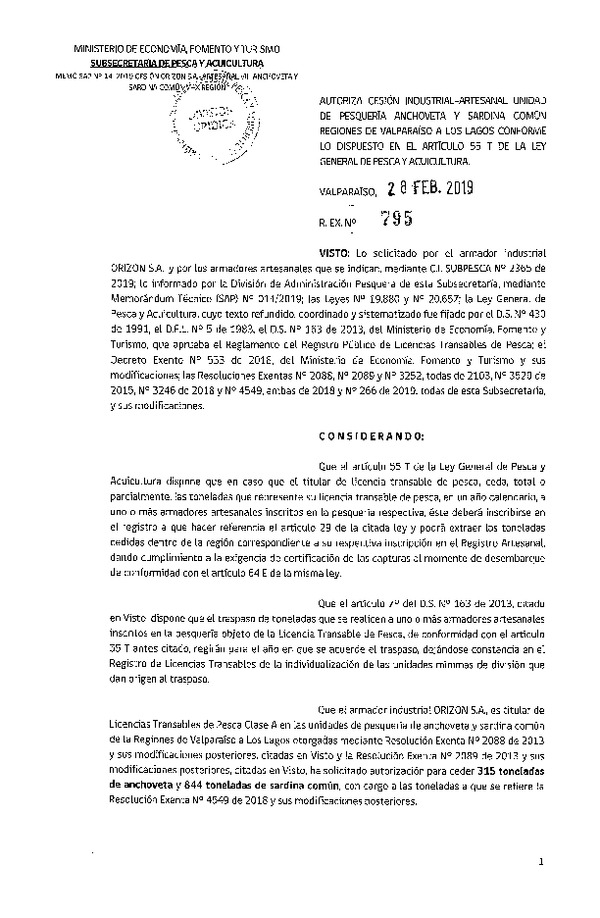 Res. Ex. N° 795-2019 Autoriza cesión pesquería Anchoveta y Sardina común, Regiones de Valparaíso a Los Lagos.