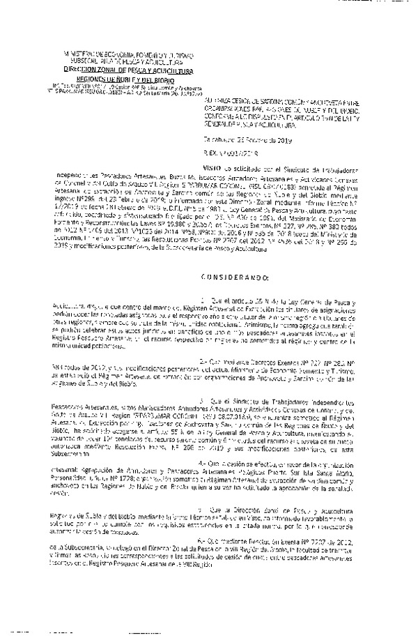 Res. Ex. N° 17-2019 (DZP VIII) Autoriza Cesión Anchoveta y Sardina común, Regiones de Ñuble y del Biobío.