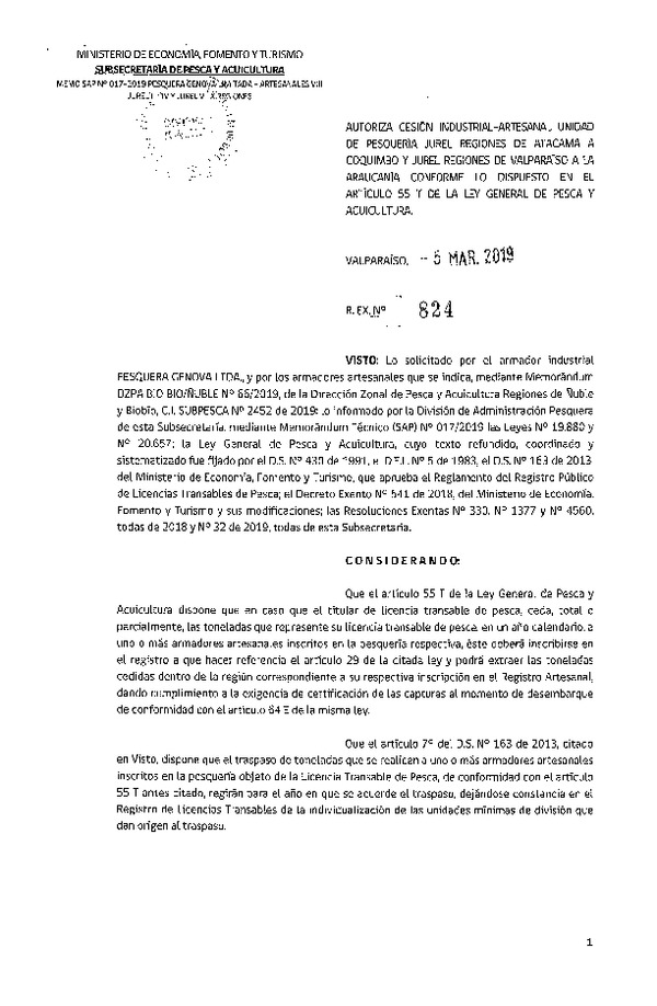 Res. Ex. N° 824-2019 Autoriza cesión pesquería Jurel, de Regiones de Atacama a Coquimbo y Jurel Regiones de Valparaíso a La Araucanía.