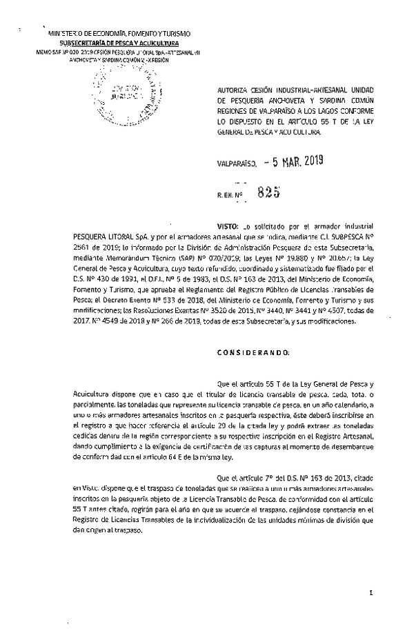 Res. Ex. N° 825-2019 Autoriza cesión pesquería Anchoveta y Sardina común, Regiones de Valparaíso a Los Lagos.