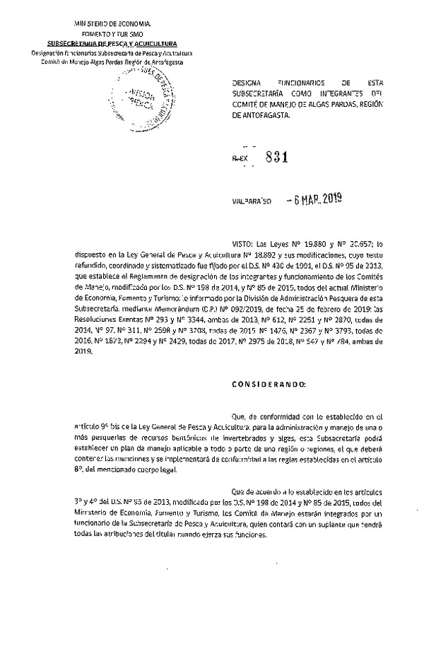 Res. Ex. N° 831-2019 Designa Funcionarios de la Subsecretaría de Pesca y Acuicultura en Comité de Manejo de Algas Pardas, Región de Antofagasta. (Publicado en Página Web 06-03-2019)