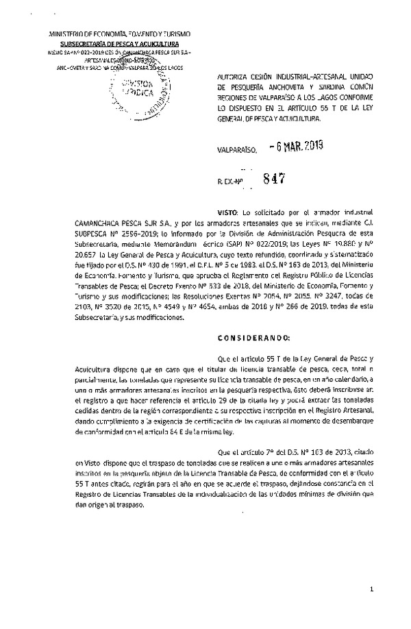 Res. Ex. N° 847-2019 Autoriza cesión pesquería Anchoveta y Sardina común, Regiones de Valparaíso a Los Lagos.