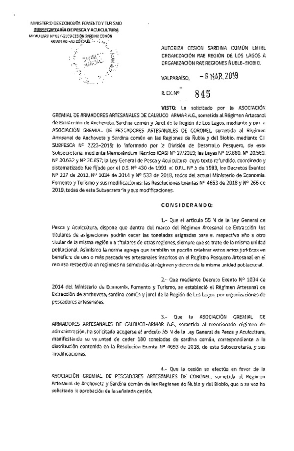 Res. Ex. N° 845-2019 Autoriza cesión Sardina común Región de Los Lagos a Región del Biobío.