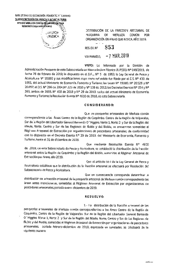 Res. Ex. N° 853-2019 Distribución de la fracción artesanal de pesquería de merluza común, Regiones de Coquimbo al Biobío, año 2019. (Publicado en Página Web 07-03-2019) (F.D.O. 14-03-2019)