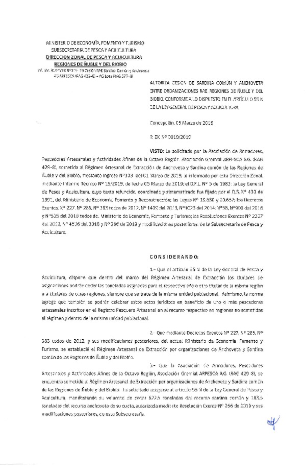Res. Ex. N° 19-2019 (DZP VIII) Autoriza Cesión Anchoveta y Sardina común, Regiones de Ñuble y del Biobío.
