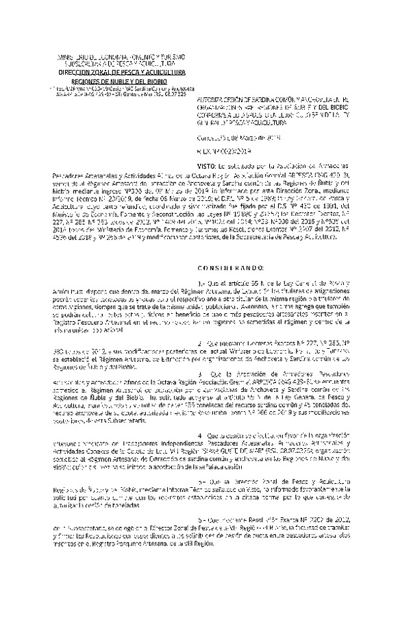 Res. Ex. N° 23-2019 (DZP VIII) Autoriza Cesión Anchoveta y Sardina común, Regiones de Ñuble y del Biobío.
