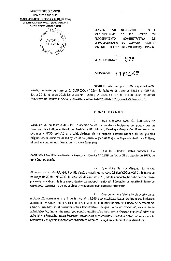 Res. Ex. N° 872-2019 Téngase por interesado a la I. Municipalidad de Río Verde en Procedimiento Administrativo de Establecimiento de ECMPO que Indica. (Publicado en Página Web 12-03-2019)