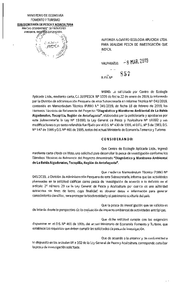 Res. Ex. N° 857-2019 Diagnóstico y monitoreo ambiental de la Bahía Algodonales, Región de Antofagasta.
