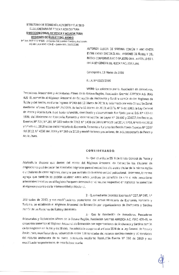 Res. Ex. N° 25-2019 (DZP VIII) Autoriza Cesión Anchoveta y Sardina común, Regiones de Ñuble y del Biobío.