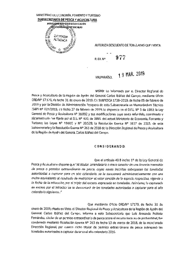 Res. Ex. N° 977-2019 Autoriza Descuento de Toneladas que Indica. (Publicado en Página Web 20-03-2019) (F.D.O. 26-03-2019)