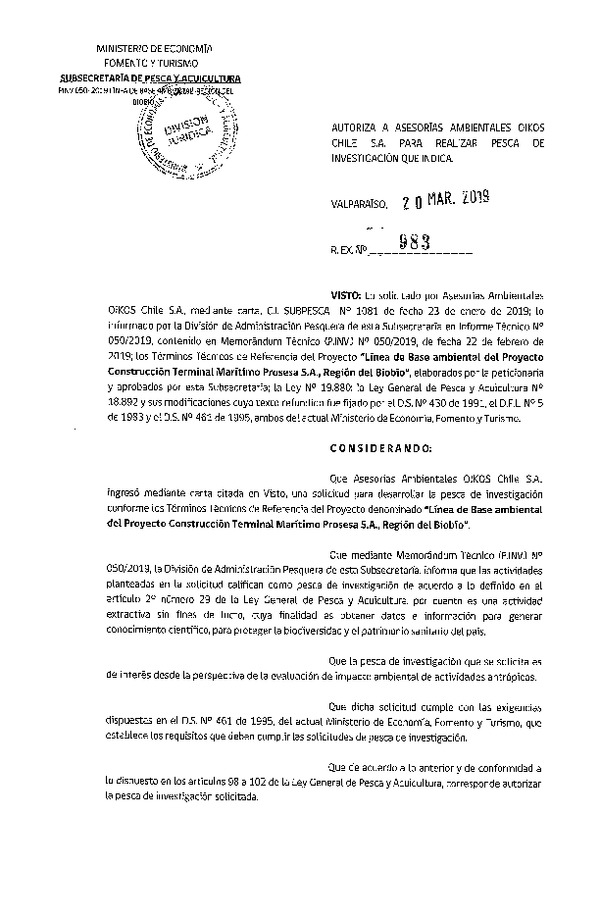 Res. Ex. N° 983-2019 Línea de base ambiental, Región del Biobío.