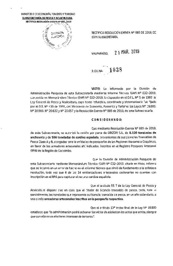Res. Ex. N° 1038-2019 Rectifica Res. Ex. N° 885-2019 Autoriza Cesión Anchoveta y Sardina Española Regiones de Atacama a Coquimbo.