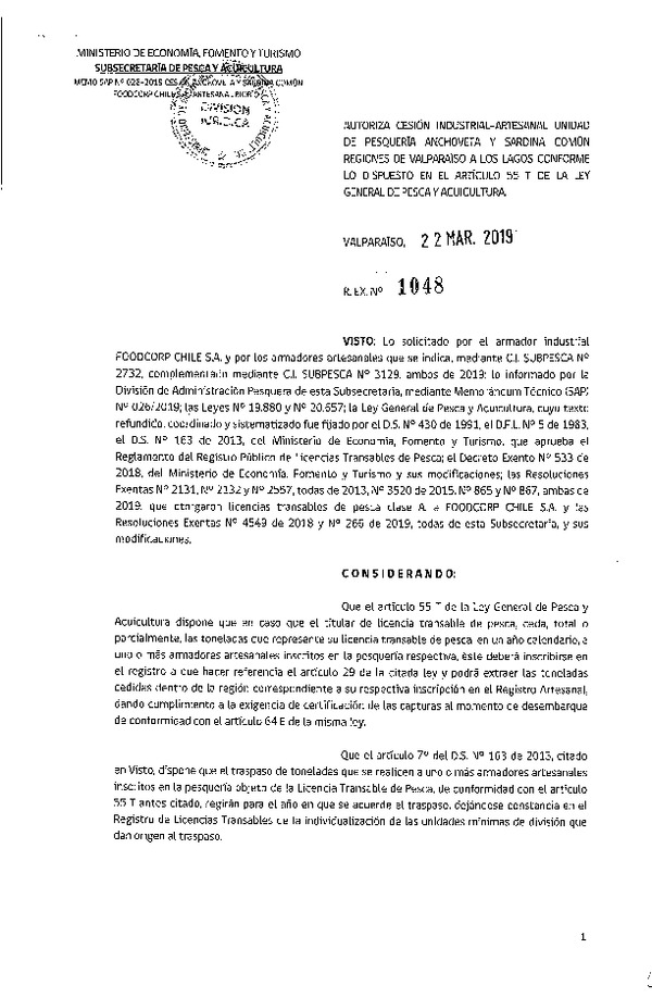 Res. Ex. N° 1048-2019 Autoriza cesión pesquería Anchoveta y Sardina común, Regiones de Valparaíso a Los Lagos.